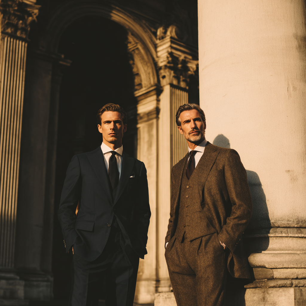 Two men in suits standing in front of classical architecture